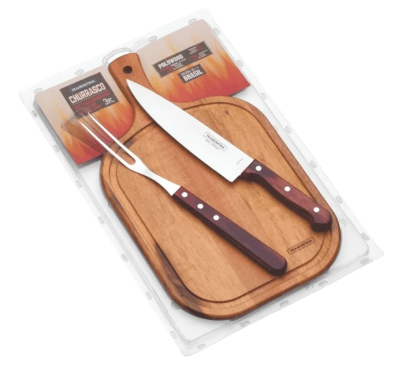 Tramontina Polywood 3-Piece BBQ Set - Knife 20cm, Fork 32cm, Cutting Board 40x23cm 21198/714